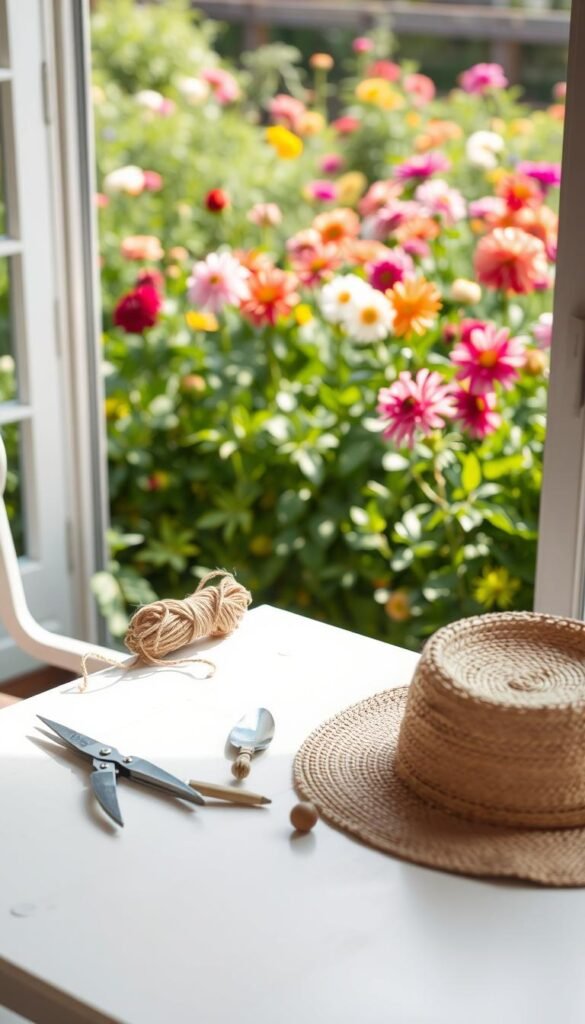 A pristine white garden table, elegantly adorned with cutting garden essentials - a pair of sharp pruning shears, a bundle of twine, a small trowel, and a straw hat. Soft natural light filters in through the window, casting a warm glow on the scene. In the background, a lush, vibrant dahlia garden bursts with color, hinting at the floral bounty to come. The overall mood is one of tranquility and anticipation, inviting the viewer to imagine the beautiful blooms that will soon grace the cutting table.