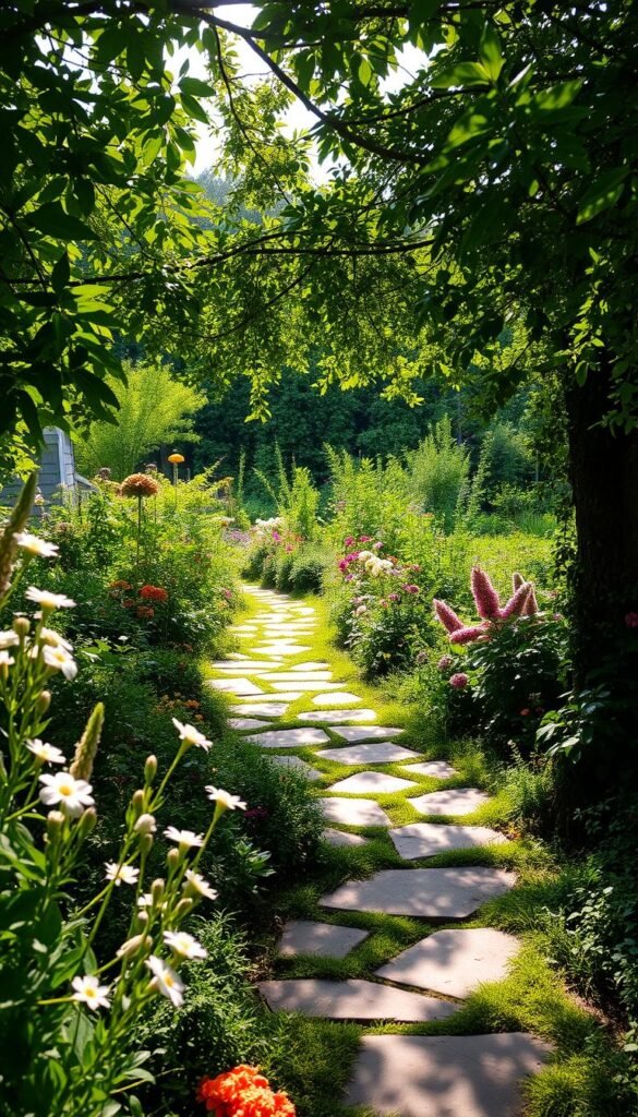 A quaint and charming cottage garden path winds through lush foliage, bordered by vibrant flowers and verdant groundcover. Dappled sunlight filters through the canopy of overhanging trees, casting a warm, natural glow. Irregular flagstones and stepping stones create an organic, meandering trail inviting exploration. In the foreground, delicate blossoms nod gently in a light breeze, while the middle ground features a variety of complementary blooms and trailing vines. The background is filled with a profusion of greenery, hinting at the abundant and diverse plantings beyond. The overall scene evokes a sense of tranquility and timeless beauty, perfectly encapsulating the charm of a quintessential cottage garden.
