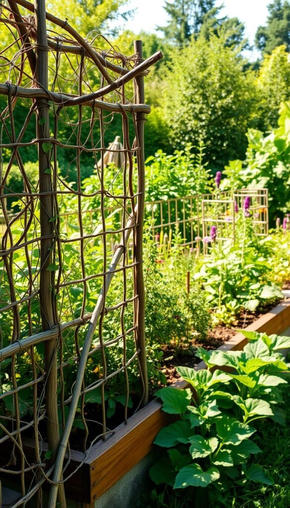 A raised garden bed in a lush, verdant setting, with a collection of natural barriers against pests. In the foreground, a lattice-work of twigs and branches, interwoven to create a sturdy barrier. Trailing vines and climbing plants add a touch of whimsy and organic protection. In the middle ground, a row of fragrant herbs and aromatic flowers, their scents wafting through the air to deter unwanted visitors. The background features a well-tended, sun-dappled vegetable patch, with healthy, vibrant greens reaching towards the sky. Warm, soft lighting illuminates the scene, casting gentle shadows and highlighting the natural textures. The overall impression is one of a harmonious, eco-friendly approach to gardening, where pests are managed through thoughtful, sustainable means.
