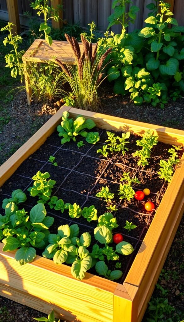 A raised garden bed with a square foot grid, bathed in warm, golden afternoon sunlight. The wooden frame stands sturdy, its natural texture accentuated by the soft shadows. Inside, the square foot sections are clearly delineated, ready to host a variety of thriving vegetables. The soil appears rich and dark, inviting the planting of leafy greens, vibrant tomatoes, and fragrant herbs. The overall scene conveys a sense of organized productivity, where efficient space utilization and bountiful harvests are achieved through thoughtful design.