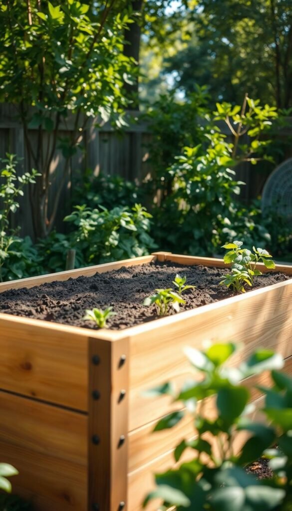 A raised garden bed with an ergonomic height, positioned in a lush, sun-dappled backyard. The bed is constructed of warm, weathered wood, its edges gently sloping to create an inviting, comfortable working surface. The soil within is rich and dark, ready to nurture a flourishing array of vegetables and herbs. Soft, diffused lighting filters through the surrounding foliage, casting a gentle, natural glow over the scene. The camera angle is slightly elevated, allowing the viewer to appreciate the bed's optimal height for easy access and reduced strain on the back and joints. The overall atmosphere is one of tranquility and productivity, encouraging a mindful, enjoyable gardening experience.
