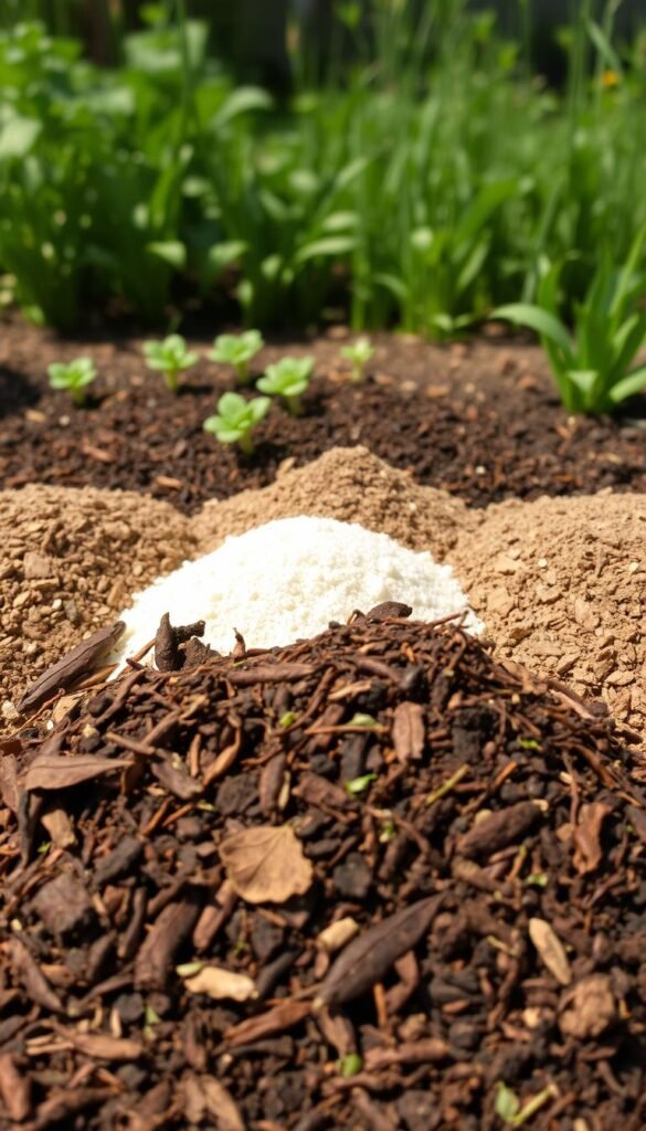 A rich, organic soil amendment arrangement showcased in natural lighting. In the foreground, a variety of composted materials like shredded leaves, grass clippings, and aged manure are neatly piled. The middle ground features a mix of earthworm castings, peat moss, and vermiculite, while the background depicts a lush, verdant garden bed ready to receive the nutrient-dense amendments. The overall scene conveys an earthy, restorative atmosphere, highlighting the importance of building healthy, fertile soil for vibrant plant growth.