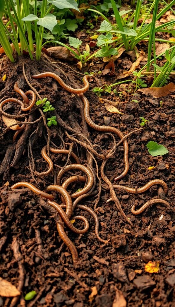 A richly textured, macro-level view of a thriving organic garden soil ecosystem. In the foreground, a close-up of the nutrient-dense, dark-brown compost teeming with earthworms, microbes, and other decomposers. The middle ground reveals the intricate root systems of healthy plants, intertwined with fungal mycelium. In the background, a lush, vibrant understory of diverse ground cover plants and scattered fallen leaves. Warm, diffused natural lighting casts a gentle glow, highlighting the web of life within this self-sustaining, biologically-active soil. A sense of balance, harmony, and abundant fertility permeates the scene.