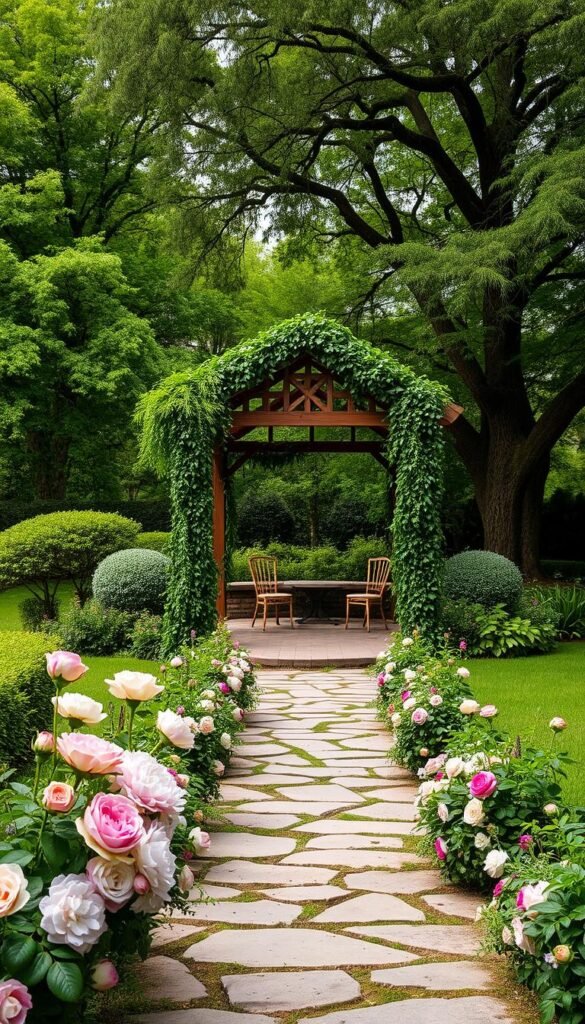 A romantic garden venue with lush, verdant greenery. In the foreground, a meandering stone path leads through a vibrant floral arrangement of roses, peonies, and cascading vines. The middle ground features a charming gazebo structure draped in delicate ivy, its wooden beams and lattice work illuminated by soft, warm lighting. In the background, a verdant canopy of towering trees frames the scene, their branches swaying gently in a light breeze. The overall atmosphere evokes a sense of tranquility, natural beauty, and the promise of a magical, fairy-tale-like wedding celebration.