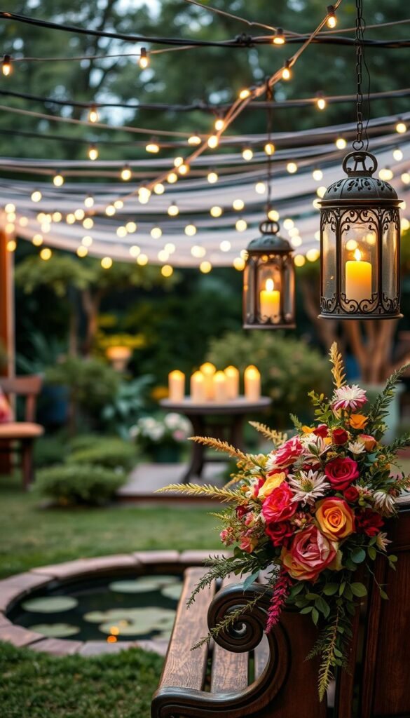 A romantic outdoor scene with a lush garden backdrop. Soft, warm lighting bathes the space, creating a magical, fairy-tale atmosphere. Delicate string lights are draped overhead, casting a gentle glow. Ornate iron lanterns flicker with the subtle dance of candlelight, their amber tones reflecting off a small pond. In the foreground, intricate floral arrangements adorn wooden benches, their vibrant colors and textures complementing the earthy, natural setting. The entire scene is captured through a wide-angle lens, allowing the viewer to immerse themselves in this enchanting, intimate outdoor oasis.