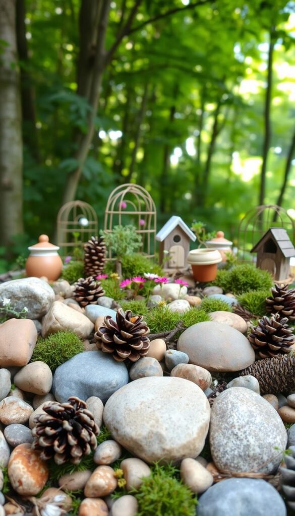 A rustic, budget-friendly fairy garden showcase featuring a variety of natural materials in the foreground: smooth river rocks, pinecones, mossy twigs, and wildflowers in a whimsical arrangement. In the middle ground, miniature clay pots, birdhouses, and wire trellises create a charming DIY landscape. The background depicts a lush, verdant forest setting with filtered sunlight streaming through the canopy, setting an enchanting mood. The overall composition highlights imaginative, low-cost ways to craft a delightful fairy-inspired garden.