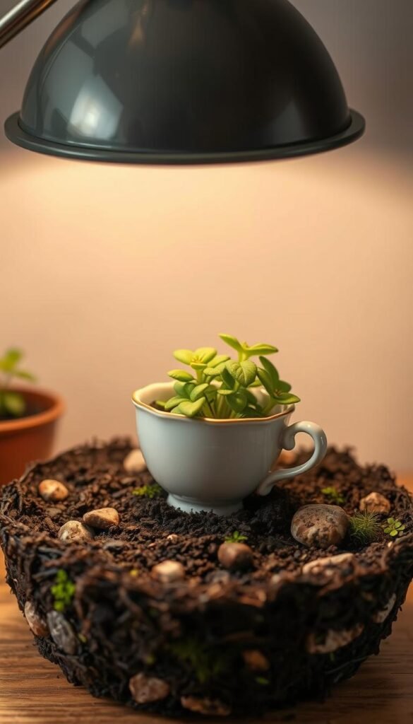 A rustic garden base made of soil, moss, and stones, with a freshly potted teacup nestled in the center. Soft, warm lighting from an overhead lamp illuminates the scene, casting gentle shadows and highlights on the natural textures. The teacup is positioned at an angle, inviting closer inspection, its delicate porcelain contrasting with the earthy tones of the base. The background is blurred, allowing the focus to remain on the central arrangement, creating a sense of intimacy and attention to detail. The overall mood is one of tranquility, inviting the viewer to imagine the possibilities of this charming, repurposed teacup garden.