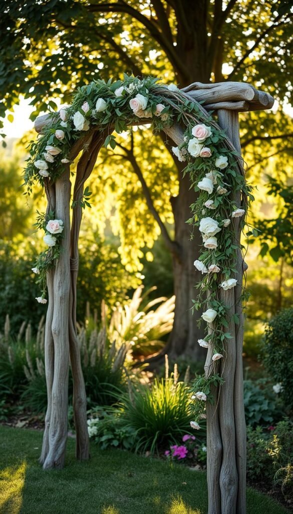 A rustic, handcrafted wedding arch, adorned with cascading florals and lush greenery, stands elegantly against a backdrop of a sun-dappled garden. Weathered wooden beams and natural, twisted vines create a charming, organic framework, while delicate blooms in soft pastels and vibrant hues spill over the structure, adding a touch of romance. Warm, golden light filters through the leaves, casting a gentle glow and creating a serene, enchanting atmosphere, perfect for a charming outdoor garden ceremony.