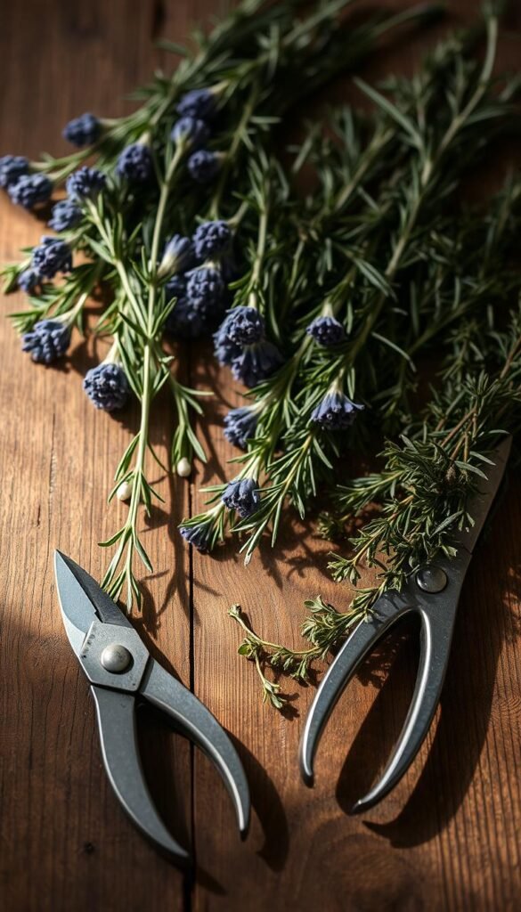 A rustic wooden table, illuminated by soft natural light, holds an assortment of freshly harvested medicinal herbs. Sprigs of lavender, rosemary, and thyme are carefully arranged, their delicate leaves and flowers gently parted to expose the stems. A pair of small pruning shears rests nearby, ready to trim the plants in preparation for the drying process. The warm, earthy tones of the wood and the muted, muted hues of the herbs create a calming, atmospheric scene, conveying the care and attention required to properly preserve the plants' potency and therapeutic properties.