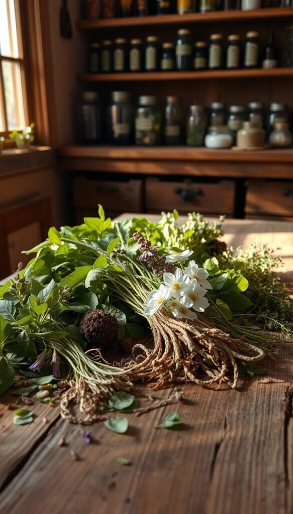 A rustic wooden table, its surface dotted with freshly harvested medicinal herbs - lush green leaves, fragrant flowers, and earthy roots. Sunlight filters in through a nearby window, casting a warm, golden glow over the scene. In the background, a wall of jars and bottles hints at the upcoming drying and storage process. The composition is balanced, with the herbs taking center stage, inviting the viewer to appreciate the timeless ritual of the herbal harvest. The mood is serene, reflecting the care and attention required to prepare these botanical treasures for their intended use.