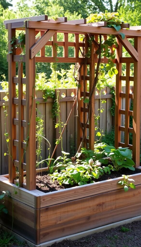 A rustic wooden trellis stands tall, its latticed frame delicately framing a lush, verdant raised garden bed. The trellis is positioned at a slight angle, casting soft, natural shadows across the soil and surrounding foliage. Warm, diffused light filters through the gaps, creating a serene, earthy atmosphere. Trailing vines and climbing plants intertwine gracefully along the trellis, adding a touch of organic beauty. The garden bed is filled with a variety of thriving vegetables and herbs, their vibrant colors and textures complementing the weathered wood of the structure. A sense of harmony and balance pervades the scene, showcasing the integration of functional and aesthetic elements in a raised bed garden design.
