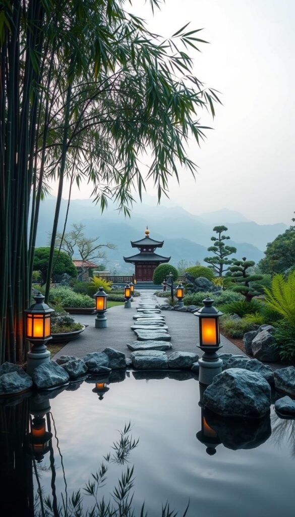 A serene Asian garden backyard, with a harmonious blend of natural elements. In the foreground, a tranquil koi pond reflects the soft hues of a graceful bamboo grove. Delicate stone lanterns cast a warm, diffused glow, guiding the eye towards a central meditation path, lined with carefully placed stepping stones. In the middle ground, sculpted bonsai trees and lush ferns create a sense of balance and flow. The background features a distant pagoda-style structure, framed by a mountainous landscape shrouded in mist, conveying a feeling of zen-like calm and contemplation. A serene Asian garden backyard, with a harmonious blend of natural elements. In the foreground, a tranquil koi pond reflects the soft hues of a graceful bamboo grove. Delicate stone lanterns cast a warm, diffused glow, guiding the eye towards a central meditation path, lined with carefully placed stepping stones. In the middle ground, sculpted bonsai trees and lush ferns create a sense of balance and flow. The background features a distant pagoda-style structure, framed by a mountainous landscape shrouded in mist, conveying a feeling of zen-like calm and contemplation.