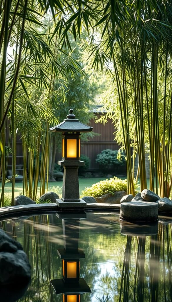 A serene Asian garden backyard with a stone lantern standing beside a tranquil water feature. The lantern casts a warm, soft glow, illuminating the surrounding lush foliage of bamboo stalks swaying gently in the breeze. The still, reflective surface of the water mirror the lantern's elegant silhouette, creating a calming, contemplative atmosphere. Diffused sunlight filters through the canopy, casting dappled shadows and adding depth to the scene. The composition is balanced, with the lantern and water feature positioned as the focal points, seamlessly integrated into the natural landscape. A sense of harmony and zen-like tranquility pervades the entire image. A serene Asian garden backyard with a stone lantern standing beside a tranquil water feature. The lantern casts a warm, soft glow, illuminating the surrounding lush foliage of bamboo stalks swaying gently in the breeze. The still, reflective surface of the water mirror the lantern's elegant silhouette, creating a calming, contemplative atmosphere. Diffused sunlight filters through the canopy, casting dappled shadows and adding depth to the scene. The composition is balanced, with the lantern and water feature positioned as the focal points, seamlessly integrated into the natural landscape. A sense of harmony and zen-like tranquility pervades the entire image.