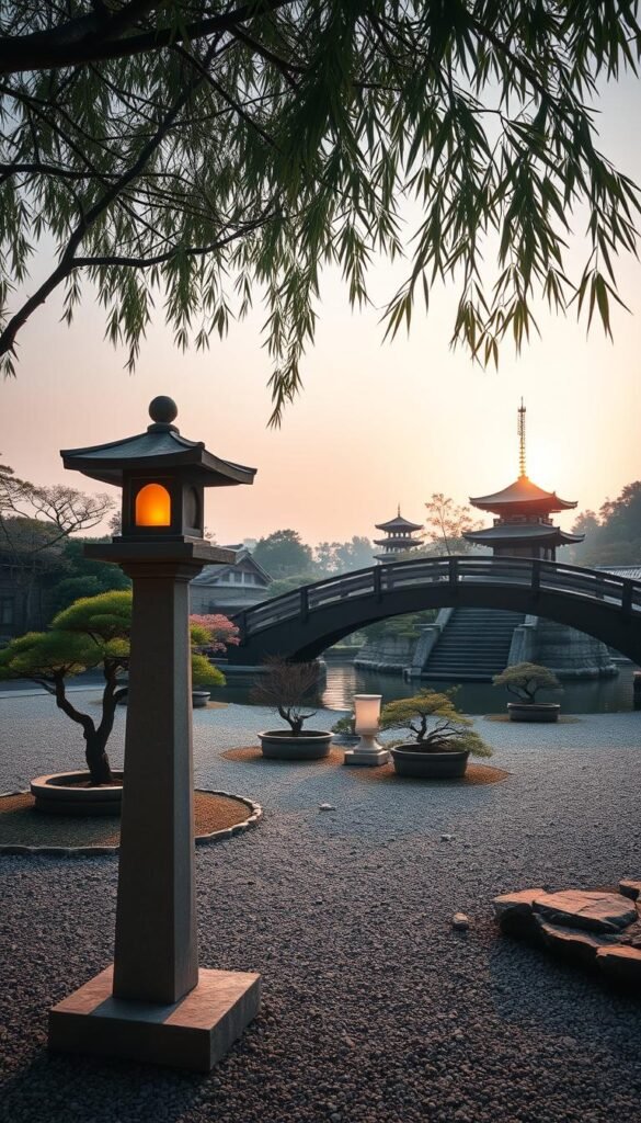 A serene Japanese garden filled with symbolic elements. In the foreground, a stone lantern stands tall, its warm glow casting gentle shadows across the carefully raked gravel. Surrounding it, meticulously pruned bonsai trees and a tranquil koi pond, the water's surface reflecting the overhanging bamboo shoots. In the middle ground, a simple wooden bridge arches over a babbling stream, leading the eye towards a distant pagoda silhouetted against a softly filtered sky. The scene is bathed in the warm hues of a setting sun, creating a contemplative, meditative atmosphere. A serene Japanese garden filled with symbolic elements. In the foreground, a stone lantern stands tall, its warm glow casting gentle shadows across the carefully raked gravel. Surrounding it, meticulously pruned bonsai trees and a tranquil koi pond, the water's surface reflecting the overhanging bamboo shoots. In the middle ground, a simple wooden bridge arches over a babbling stream, leading the eye towards a distant pagoda silhouetted against a softly filtered sky. The scene is bathed in the warm hues of a setting sun, creating a contemplative, meditative atmosphere.