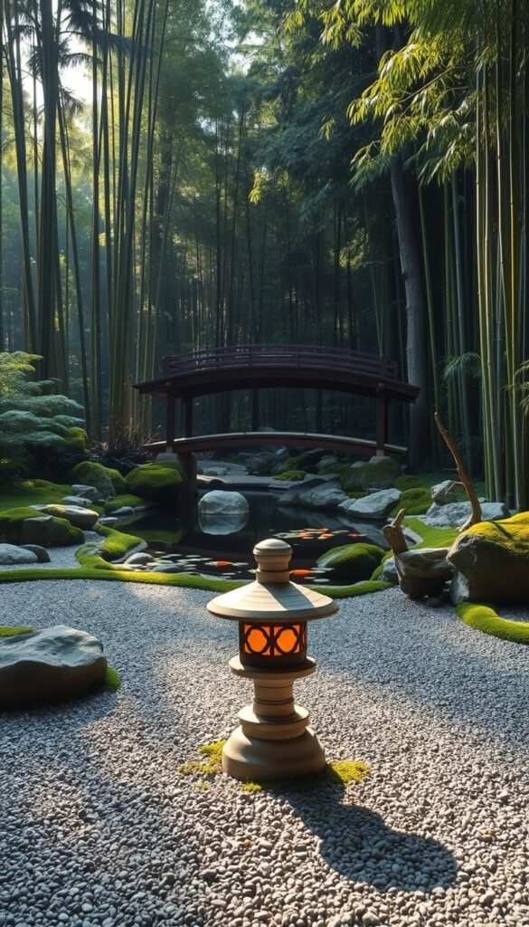 A serene Japanese zen garden, bathed in soft natural lighting. In the foreground, an ornamental stone lantern casts a warm glow upon a carefully raked gravel bed. Meticulously placed rocks and boulders, surrounded by lush moss-covered ground cover, create a sense of balance and tranquility. In the middle ground, a simple wooden bridge arches over a tranquil koi pond, where water lilies float peacefully. In the background, a dense forest of bamboo and manicured pine trees frame the scene, evoking a feeling of escaping the outside world and finding inner peace.