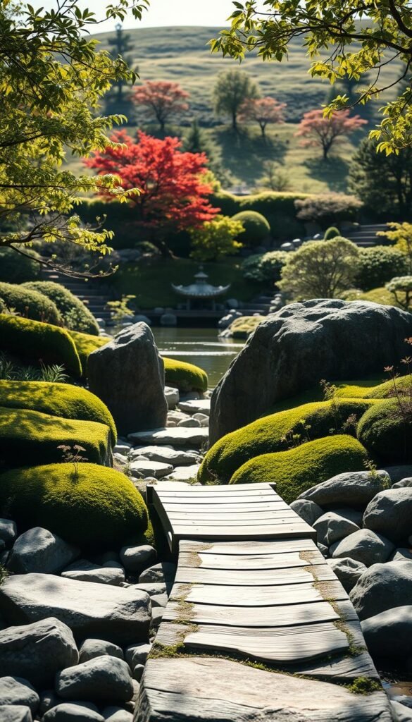 A serene Japanese zen garden in soft, natural lighting. In the foreground, smooth river rocks and a wooden footbridge leading to a central rock formation. Lush, manicured moss and small, delicate plants dot the landscape. In the middle ground, a tranquil koi pond reflects the surrounding greenery. The background features a gently sloping hill with a sparse scattering of Japanese maple trees, their leaves casting dappled shadows. The atmosphere is one of profound calm and balance, inviting the viewer to slow down and find inner peace.