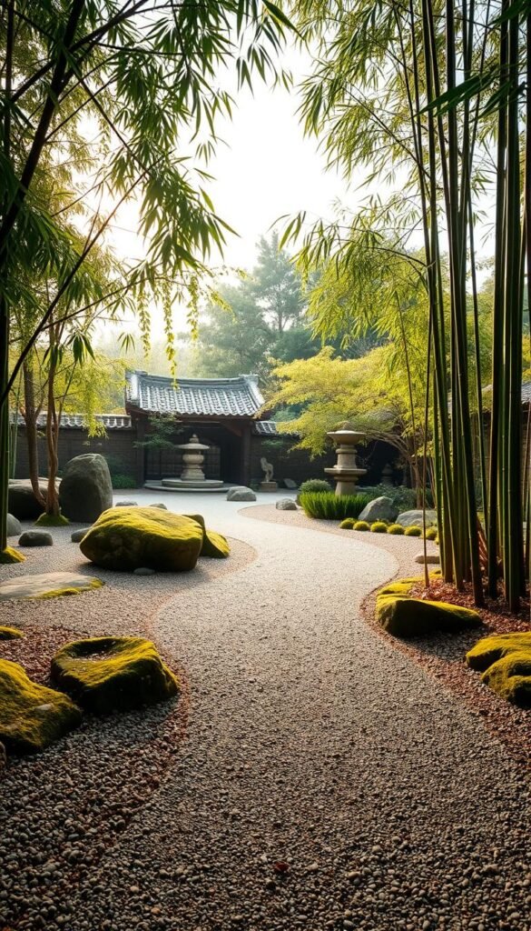 A serene Zen garden path meanders through a tranquil landscape. Soft, rounded gravel lines the walkway, leading the eye towards a distant pagoda or stone lantern. Carefully placed boulders and moss-covered rocks add texture and depth to the scene. Graceful bamboo shoots sway gently in the breeze, their verdant green hues complementing the earthy tones of the garden. Diffused natural light filters through the trees, casting a warm, golden glow over the scene. The overall atmosphere is one of contemplation and inner peace, inviting the viewer to slow down and immerse themselves in the beauty of this harmonious Asian-inspired garden design. A serene Zen garden path meanders through a tranquil landscape. Soft, rounded gravel lines the walkway, leading the eye towards a distant pagoda or stone lantern. Carefully placed boulders and moss-covered rocks add texture and depth to the scene. Graceful bamboo shoots sway gently in the breeze, their verdant green hues complementing the earthy tones of the garden. Diffused natural light filters through the trees, casting a warm, golden glow over the scene. The overall atmosphere is one of contemplation and inner peace, inviting the viewer to slow down and immerse themselves in the beauty of this harmonious Asian-inspired garden design.