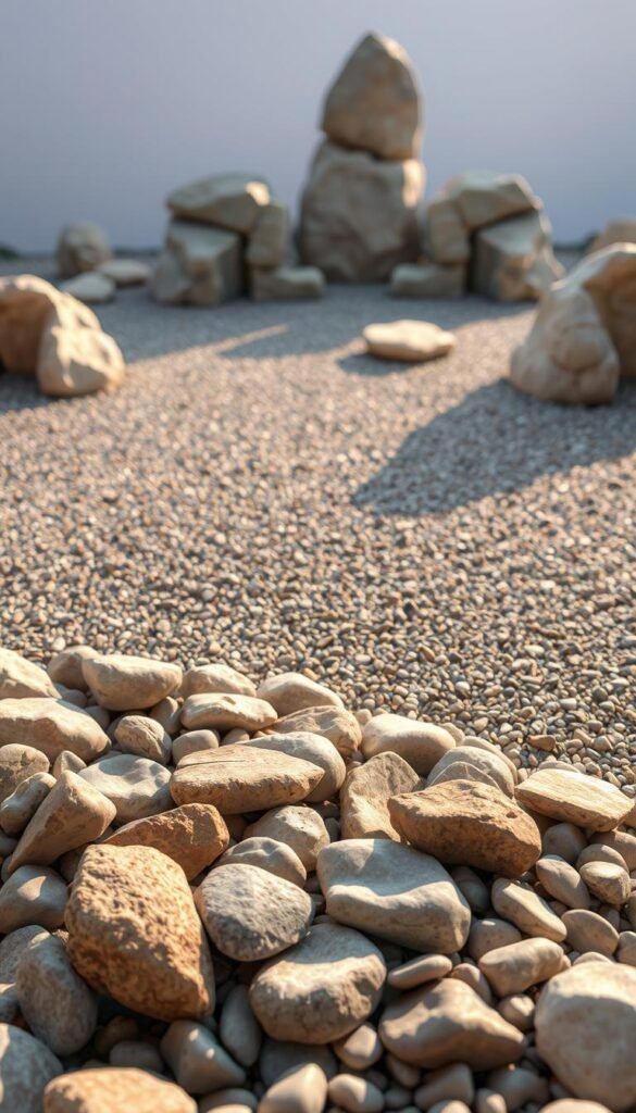 A serene Zen garden with thoughtfully arranged rocks and gravel, capturing the essence of tranquility and balance. In the foreground, smooth river rocks of varying sizes and hues create a captivating pattern, gently illuminated by warm, natural lighting. The middle ground features a well-raked gravel bed, with intricate swirling designs that draw the eye inward, inviting contemplation. In the background, a few larger boulders stand as silent sentinels, their weathered surfaces reflecting the peaceful ambiance. The overall scene exudes a sense of harmony and mindfulness, perfectly encapsulating the beauty and simplicity of a Zen garden retreat.