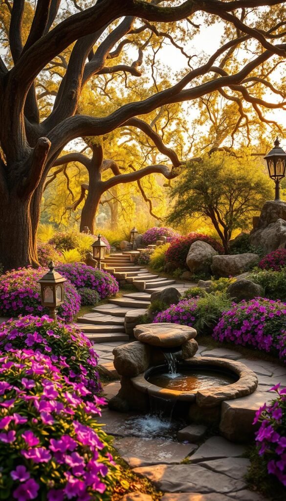 A serene and enchanting garden oasis, bathed in a warm, golden glow. In the foreground, a whimsical stone fountain trickles softly, surrounded by a lush array of vibrant blooms in shades of violet, pink, and lavender. Winding pathways of weathered stone lead deeper into the scene, where delicate ferns and mossy boulders create a sense of magical mystery. Overhead, the canopy of ancient oak trees filters the sunlight, casting a gentle, dappled light across the tranquil setting. Ornamental lanterns and birdhouses dot the scene, adding to the charming, fairy-tale ambiance. This is a place of quiet contemplation and enchantment, a hidden sanctuary for the senses.