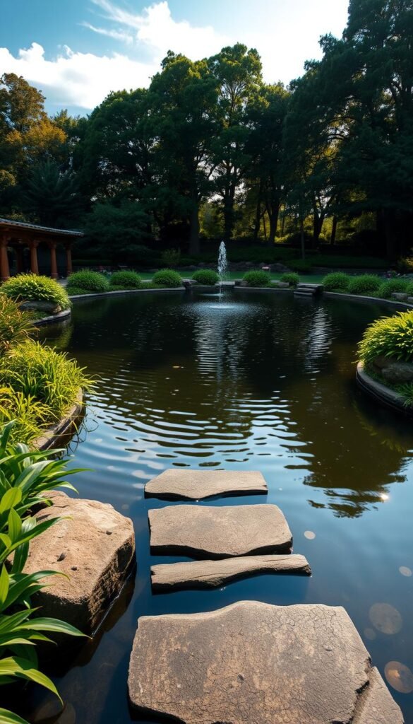 A serene and expansive garden pond, its surface gently rippling under the warm afternoon sunlight. Lush, verdant plants line the edges, creating a naturalistic oasis. In the foreground, large stepping stones lead visitors across the tranquil waters, inviting exploration. The pond's depth is accentuated by subtle underwater lighting, casting a mesmerizing glow. Towering trees in the background provide a sense of enclosure, while wispy clouds drift overhead, completing the calming, reflective atmosphere. Designed with a keen eye for balance and harmony, this large-scale water feature is the centerpiece of a truly captivating garden oasis.
