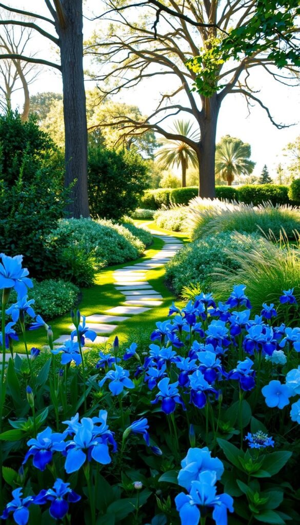 A serene and lush blue garden, bathed in warm afternoon sunlight. In the foreground, a carefully curated arrangement of vibrant blue flowers - delphinium, iris, and hydrangea - creating a tapestry of cool hues. In the middle ground, a winding stone path leads the eye through a verdant landscape of leafy shrubs and ornamental grasses. Tall, stately trees frame the scene, their branches casting gentle shadows that dance across the ground. The overall atmosphere is one of tranquility and contemplation, inviting the viewer to pause and immerse themselves in the calming, azure-toned splendor of this enchanting outdoor space.