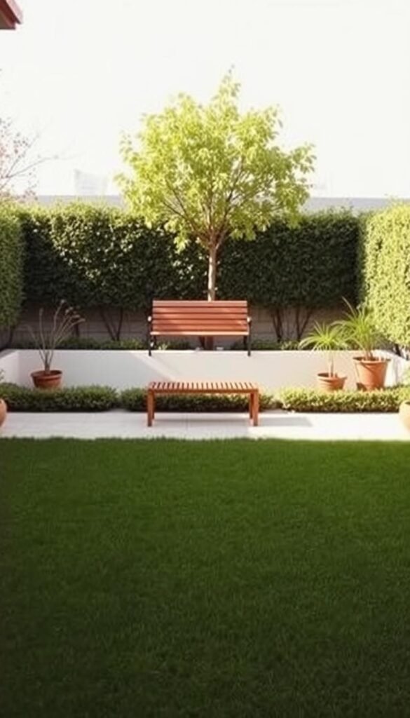 A serene and minimalist backyard oasis, bathed in soft, natural light. A well-manicured lawn stretches out, framed by neatly trimmed hedges and a few strategically placed potted plants. A simple wooden bench sits in the center, inviting visitors to pause and take in the tranquil atmosphere. The background is a clean, uncluttered slate, allowing the focus to remain on the elegant simplicity of the design. Warm, earthy tones complement the natural materials, creating a harmonious and calming ambiance. This clutter-free space inspires a sense of peace and relaxation, encouraging the viewer to embrace the beauty of minimalism in their own small backyard garden.