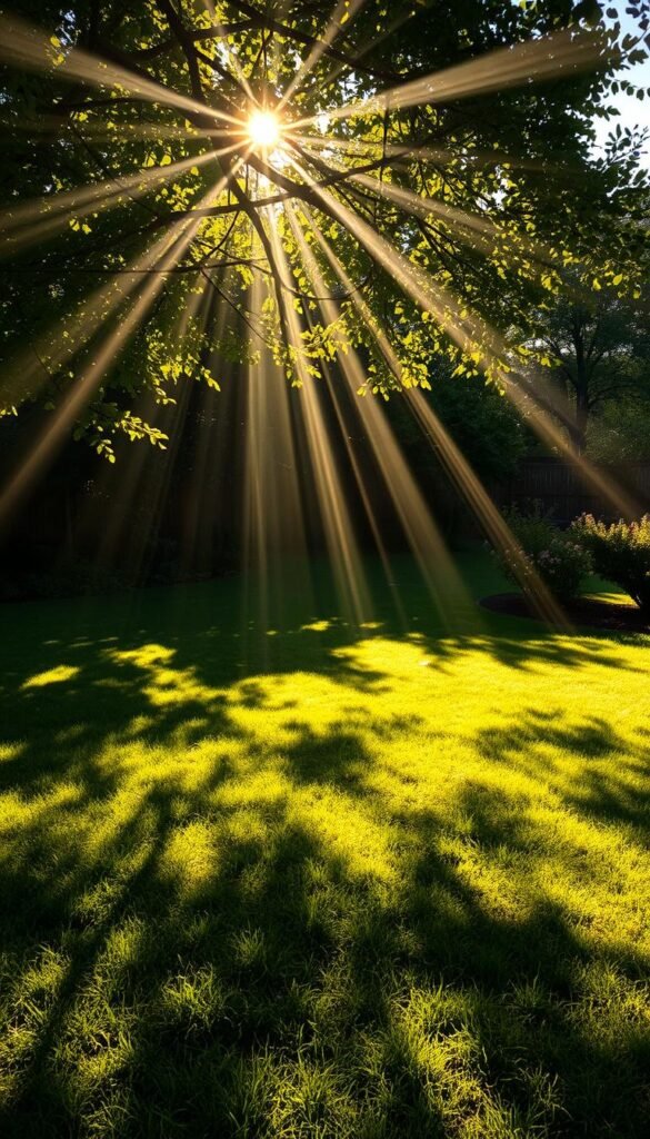A serene backyard landscape flooded with warm, diffused sunlight. Intricate patterns of light and shadow dance across the ground, creating a mesmerizing visual tapestry. Sunbeams pierce through a lush canopy of verdant foliage, casting soft, dappled illumination on the grass below. The scene exudes a tranquil, contemplative atmosphere, inviting one to pause and appreciate the natural rhythms of light and shade. Crisp, high-contrast shadows accentuate the contours of the terrain, guiding the eye through the scene. This image perfectly captures the essence of assessing a backyard's available sunlight and its potential for cultivating a flourishing garden. A serene backyard landscape flooded with warm, diffused sunlight. Intricate patterns of light and shadow dance across the ground, creating a mesmerizing visual tapestry. Sunbeams pierce through a lush canopy of verdant foliage, casting soft, dappled illumination on the grass below. The scene exudes a tranquil, contemplative atmosphere, inviting one to pause and appreciate the natural rhythms of light and shade. Crisp, high-contrast shadows accentuate the contours of the terrain, guiding the eye through the scene. This image perfectly captures the essence of assessing a backyard's available sunlight and its potential for cultivating a flourishing garden.