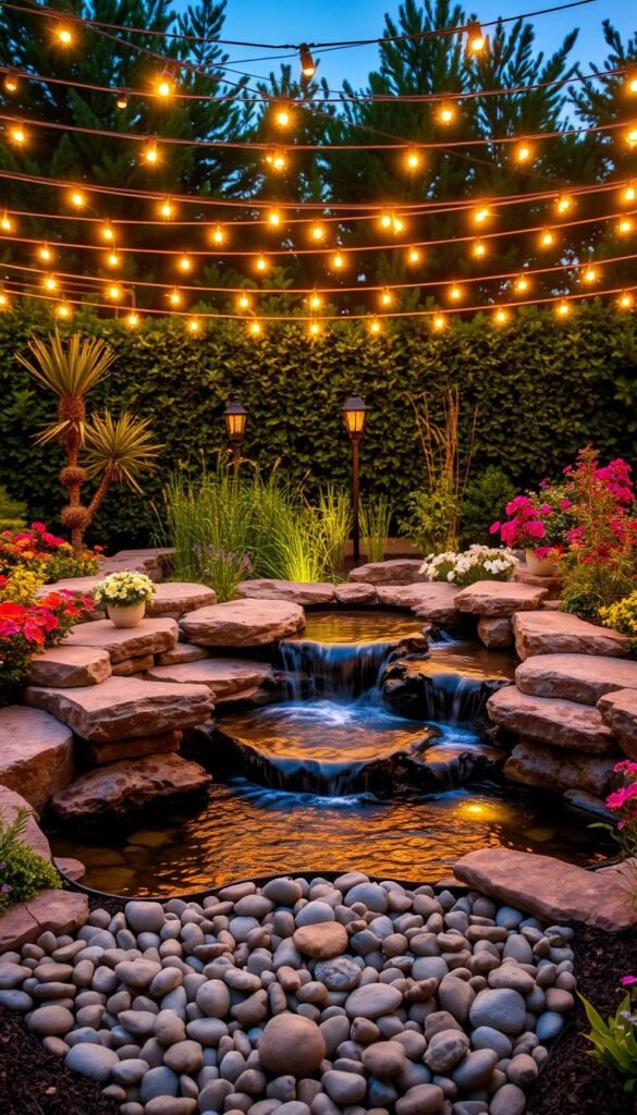 A serene backyard landscape with a captivating water feature at the center. In the foreground, a natural stone-lined pond with cascading waterfalls, surrounded by lush greenery and vibrant flowers. Overhead, a stunning array of warm, ambient lighting casts a soft, inviting glow, creating a cozy and enchanting atmosphere. In the middle ground, smooth pebbles and strategically placed lighting elements guide the eye towards the focal point of the water feature. The background features a blend of verdant foliage, creating a sense of depth and natural harmony. The overall composition evokes a peaceful, spa-like ambiance, perfectly suited for a simple, yet impactful backyard design.
