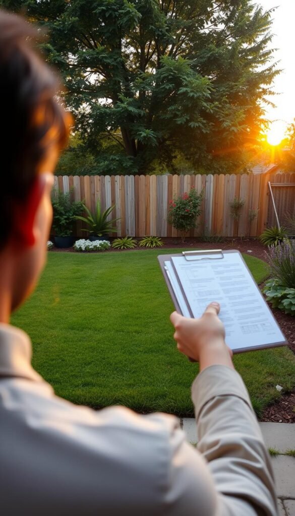 A serene backyard oasis, the camera capturing a thoughtful assessment of the space. In the foreground, a person standing with a clipboard, carefully observing the layout and considering potential adjustments. The middle ground showcases a well-manicured lawn, dotted with lush greenery and a few strategically placed garden beds. In the background, a wooden fence creates a natural boundary, while the warm, golden light of the setting sun casts a cozy glow over the entire scene. The angle is slightly elevated, providing a comprehensive overview of the outdoor area and encouraging the viewer to envision their own backyard transformation.