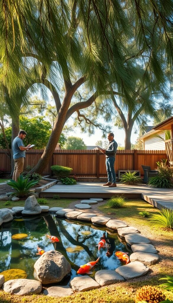 A serene backyard oasis unfolds, with a Japanese-inspired layout. In the foreground, a tranquil koi pond reflects the azure sky, surrounded by carefully placed stones and lush greenery. The middle ground features a wooden deck, where a contemplative figure plans the garden's transformation, sketching ideas on a tablet. Framing the scene, a backdrop of mature trees sways gently, casting warm, dappled light across the space. A sense of balance and harmony permeates the atmosphere, inviting the viewer to envision the peaceful, Zen-like ambiance of this backyard makeover.