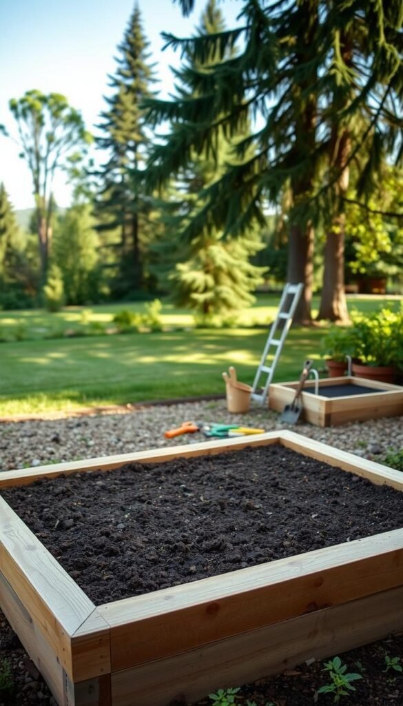A serene backyard setting with a well-designed DIY raised garden bed in the foreground. The bed features sturdy wooden planks, neatly arranged in a rectangular shape, with rich soil ready for planting. In the middle ground, gardening tools and supplies are laid out, conveying a sense of active preparation. The background showcases a lush green landscape, with tall trees and a clear blue sky, creating a tranquil and inviting atmosphere. The lighting is soft and natural, accentuating the earthy tones and textures of the materials. The overall composition suggests a harmonious blend of functionality and aesthetic appeal, reflecting the joy and satisfaction of a successful DIY raised garden bed project.