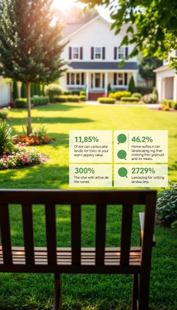 A serene, beautifully landscaped suburban backyard, with a neatly trimmed lawn, vibrant flower beds, and a well-maintained garden. In the foreground, a wooden bench overlooking a lush, verdant landscape. In the middle ground, a series of infographic panels displaying statistics on the impact of landscaping on home value, presented in a clean, modern style with muted colors. The background features a softly blurred, sun-dappled scene of a two-story house with a well-manicured front yard. The overall composition conveys a sense of tranquility, highlighting the importance of landscaping in enhancing a home's curb appeal and property value.
