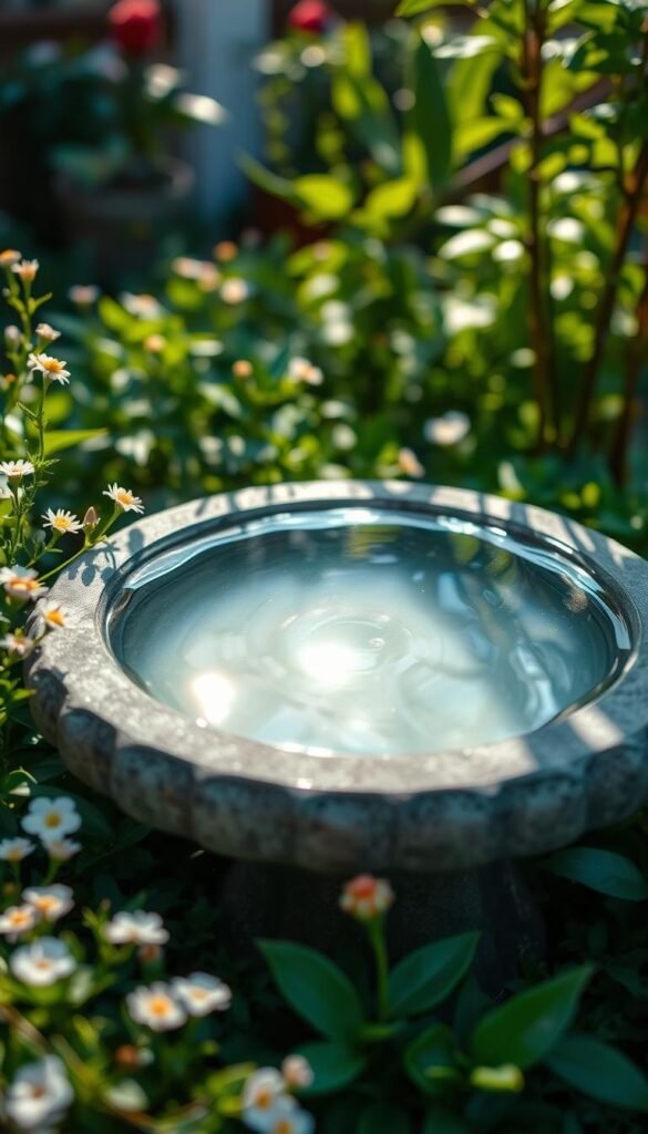 A serene bird bath nestled in a lush garden oasis. Sunlight dapples the tranquil waters, casting gentle reflections on the smooth stone surface. Delicate flowers and verdant foliage surround the scene, creating a peaceful and inviting atmosphere. A close-up, medium-shot perspective captures the bird bath as the focal point, with a softly blurred background that suggests a sense of seclusion and retreat. The image conveys a calming, zen-like ambiance, perfect for a mini garden or container setting.