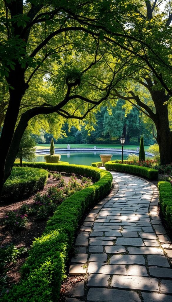 A serene, curved walkway winds through a lush, verdant garden. The path is made of weathered stone, flanked by neatly trimmed hedges and vibrant flower beds. Dappled sunlight filters through the canopy of overarching trees, casting a warm, natural glow on the scene. In the distance, a tranquil pond reflects the surrounding foliage, creating a sense of depth and harmony. The entire composition evokes a sense of invitation, drawing the viewer deeper into this enchanting outdoor oasis. High-resolution, photorealistic, highly detailed.