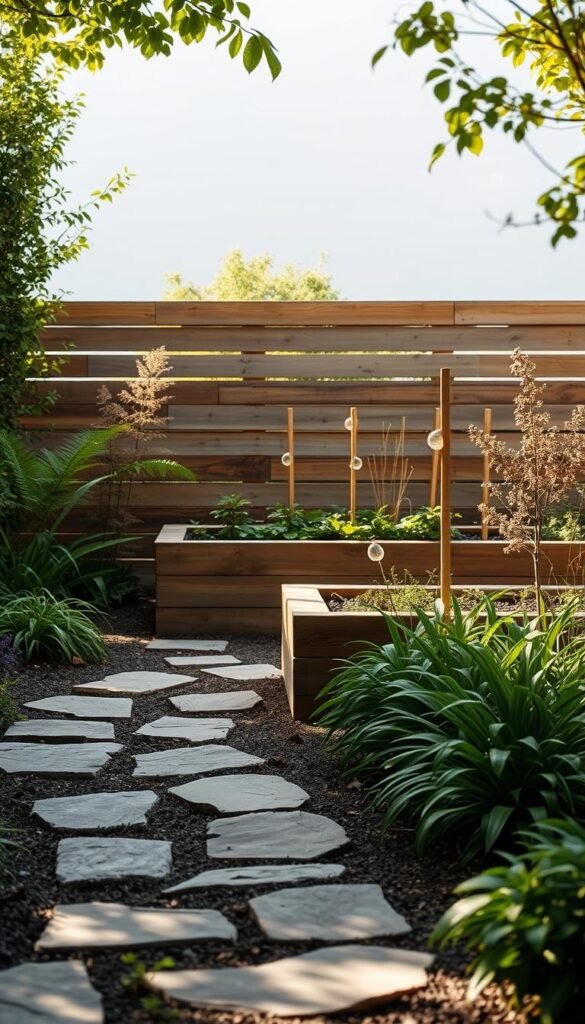 A serene eco-friendly garden oasis with sustainable hardscaping materials. The foreground features a winding stone path flanked by lush native plants, while the middle ground showcases a raised garden bed made of reclaimed wood. In the background, a horizontal wooden fence crafted from FSC-certified lumber creates a natural boundary. Soft, diffused natural lighting filters through the scene, casting a warm, earthy glow. The overall atmosphere is one of harmony and environmental consciousness, inviting the viewer to explore this mindfully designed outdoor space.