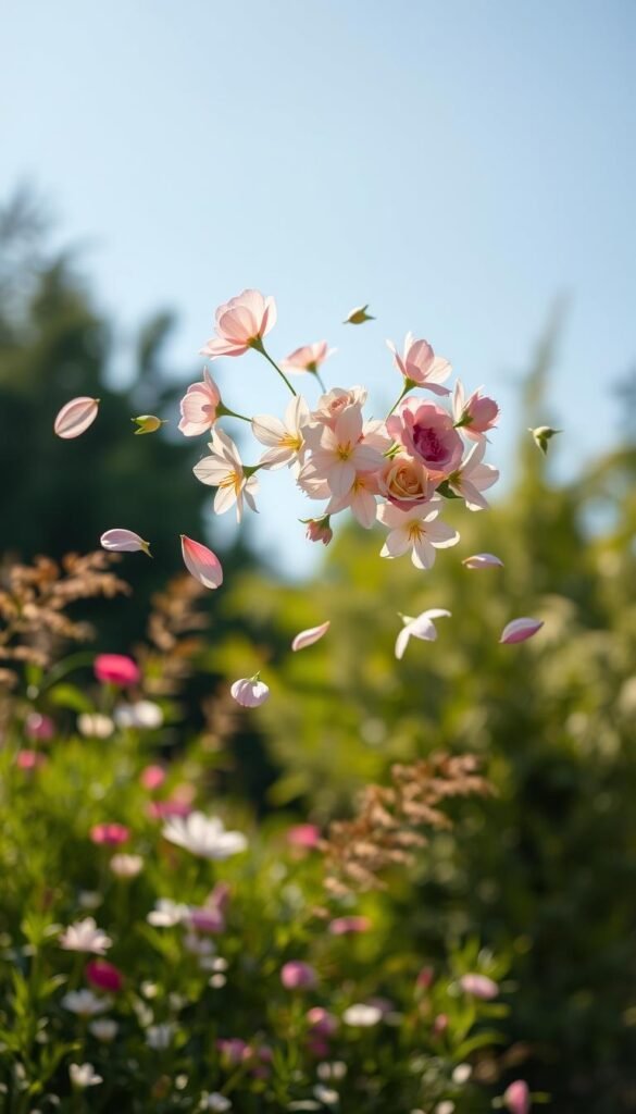 A serene, ethereal centerpiece of floating flowers drifts elegantly above a lush, verdant garden. Delicate petals of roses, lilies, and peonies hover in a mesmerizing arrangement, suspended in mid-air by invisible forces. The flowers appear to dance on a gentle breeze, casting soft, diffused shadows on the ground below. Warm, golden sunlight filters through the scene, creating a dreamlike, romantic atmosphere. The composition is carefully balanced, with the flowers taking center stage against a blurred, out-of-focus background of swaying foliage and a clear, azure sky. The overall effect is one of natural beauty, tranquility, and whimsical enchantment.