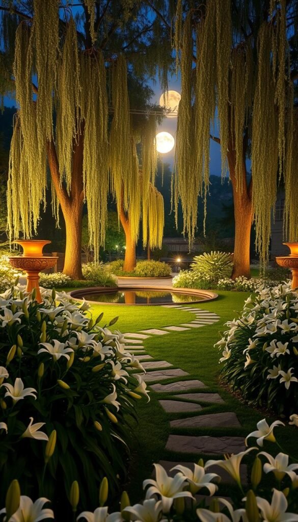 A serene evening garden, illuminated by a full moon casting a warm, ethereal glow. In the foreground, lush beds of white flowers - lilies, jasmine, and moonflowers - sway gently in the soft breeze. The middle ground features a winding stone path leading to a tranquil pond, its surface reflecting the moonlight like a mirror. Towering trees with delicate, cascading foliage form the background, creating a sense of enchantment and privacy. The overall scene exudes a calming, soothing atmosphere, inviting visitors to bask in the beauty and tranquility of this white flower garden elegance.