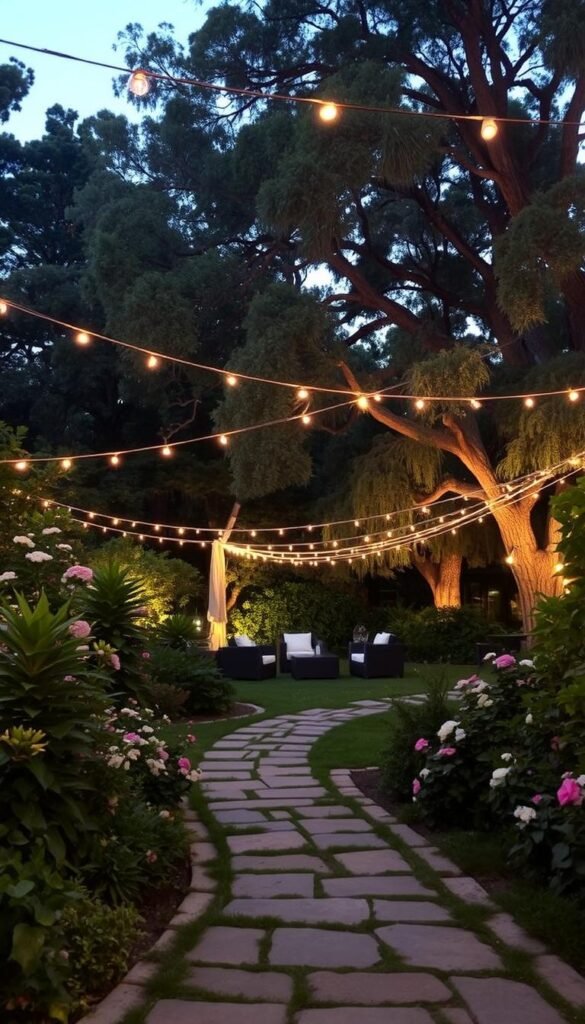 A serene evening garden, softly illuminated by a delicate arrangement of string lights that crisscross overhead, casting a warm, ambient glow across the lush foliage and flowering plants below. In the foreground, a stone pathway meanders through the verdant scenery, while in the middle ground, cozy seating areas invite guests to relax and bask in the enchanting atmosphere. The background is framed by towering trees, their branches swaying gently in the evening breeze, creating a sense of tranquility and natural beauty. The overall scene exudes a inviting, intimate ambience, perfect for an unforgettable outdoor celebration.