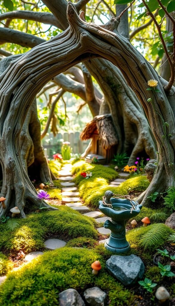 A serene fairy garden layout unfolds, with a whimsical driftwood arch forming the inviting entryway. Delicate mosses and ferns carpet the ground, punctuated by vibrant wildflowers and mushrooms. Sunlight filters through the branches, casting a warm, magical glow. In the foreground, a rustic birdbath, adorned with trailing vines, beckons fairy visitors. Meandering pathways wind through the lush greenery, leading to a charming sitting area framed by gnarly tree roots. In the distance, a charming miniature cottage peeks out, its thatched roof and weathered wood evoking a sense of timeless enchantment. This tranquil, nature-inspired scene invites the viewer to embark on a captivating fairy garden adventure.