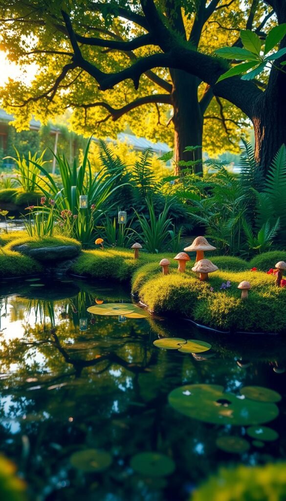 A serene fairy pond nestled in a lush, verdant garden. In the foreground, crystal-clear water reflects the delicate flowers and mushrooms lining the mossy banks. Gently swaying grasses and ferns create a tranquil middle ground, while behind them, a canopy of vibrant, overarching trees filters the warm, golden sunlight. Tiny fairy lanterns cast a soft, enchanting glow, illuminating the scene. The overall atmosphere is one of peaceful solitude, inviting the viewer to linger and discover the hidden wonders of this magical oasis.