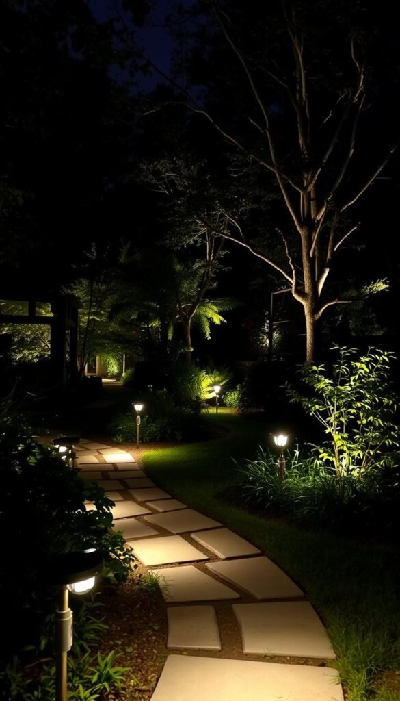 A serene garden at night, softly illuminated by a variety of carefully positioned lighting techniques. In the foreground, a collection of solar-powered path lights guide visitors along a winding stone walkway. The middle ground features strategically placed uplights that cast a warm glow on the surrounding foliage, highlighting the textures and colors of the plants. In the background, subtle downlights mounted on trees and architectural elements create a sense of depth and drama, casting intricate shadows that dance across the landscape. The overall atmosphere is one of tranquility and enchantment, inviting viewers to experience the beauty of the garden after dark.