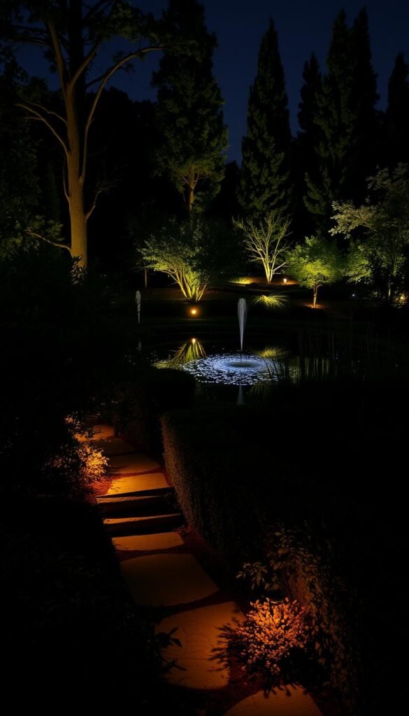 A serene garden landscape bathed in the soft glow of low-voltage lighting. In the foreground, delicate garden paths wind through lush foliage, illuminated by discreet path lights casting a warm, inviting ambiance. In the middle ground, a tranquil pond reflects the flickering lights of submerged fixtures, creating a mesmerizing shimmer on the water's surface. In the background, towering trees and shrubs are subtly accentuated by strategically placed up-lights, casting dramatic shadows and highlighting the natural textures. The overall mood is one of cozy, intimate relaxation, perfect for nighttime enjoyment of an enchanting outdoor space.