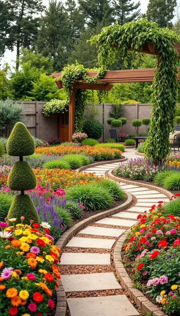 A serene garden layout with a curving path leading through lush, vibrant beds of colorful ornamental plants interspersed with edible herbs and vegetables. The foreground features a well-defined border of flowering annuals, with sculptural topiary accents framing the entrance. The middle ground showcases a balanced arrangement of perennial beds, including cascading flowers, spiraling herbs, and neatly trimmed hedges. In the background, a wooden pergola draped in trailing vines provides a focal point and shaded seating area. Soft, diffused lighting filters through the canopy, creating a warm, inviting atmosphere. Captured with a wide-angle lens to showcase the thoughtful, layered design.