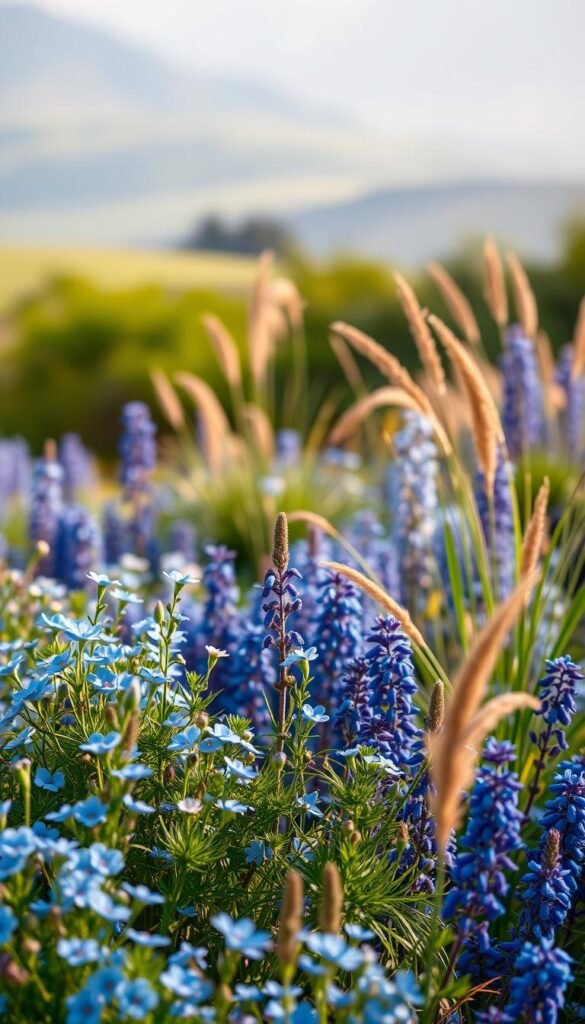 A serene garden oasis filled with a vibrant display of blue annual flowers. In the foreground, a lush, carefully curated arrangement of delicate, azure-hued blooms like bachelor's buttons, forget-me-nots, and annual salvias sway gently in a soft, natural breeze. The middle ground features a mix of complementary cool-toned perennials and ornamental grasses, creating depth and texture. The background showcases a tranquil, blurred landscape with a hazy, ethereal quality, evoking a sense of calm and serenity. The scene is illuminated by warm, golden natural lighting, casting a serene glow and highlighting the vibrant blue tones. The overall composition is balanced, inviting, and deeply soothing, capturing the essence of a beautiful blue-themed garden.