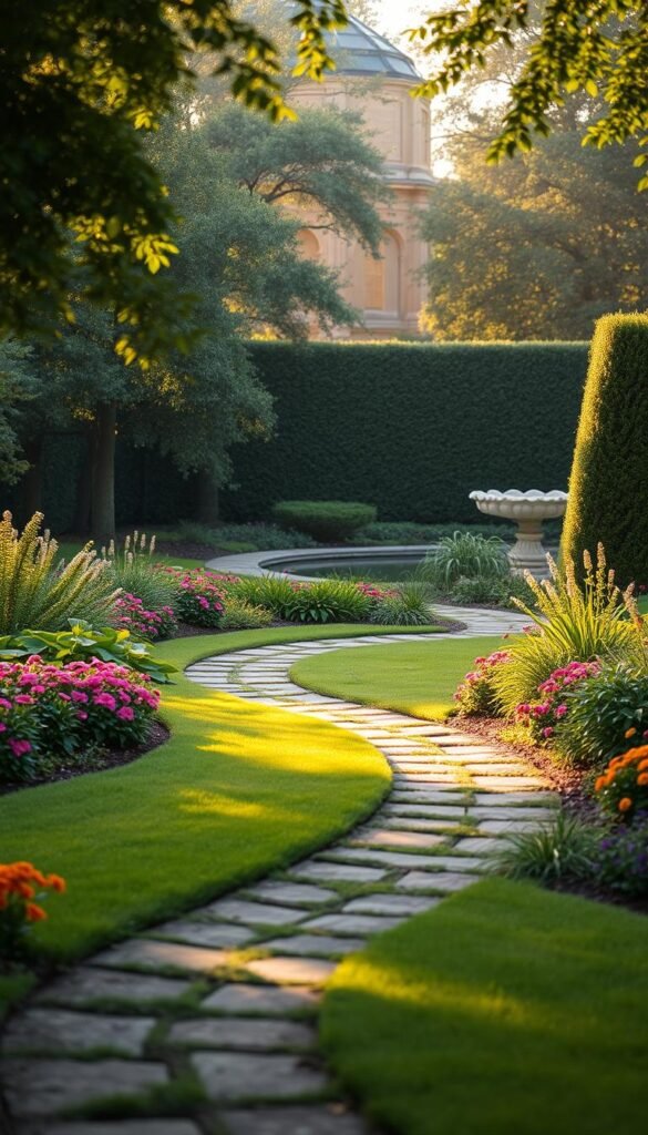 A serene garden oasis, with a winding path meandering through lush foliage. The foreground features a well-manicured lawn, dotted with vibrant flower beds in a harmonious color palette. In the middle ground, the path leads the eye towards a tranquil water feature, its gentle ripples reflecting the warm, golden sunlight filtering through the canopy of mature trees. The background showcases a neatly trimmed hedge, framing the scene and creating a sense of depth and enclosure. Soft, diffused lighting casts a dreamy ambiance, inviting visitors to explore and evaluate the layout's potential. The composition is balanced, with a natural flow guiding the viewer's gaze, inspiring ideas for enhancing the garden's pathways and overall design.