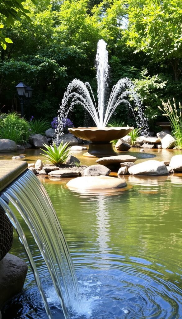 A serene garden pond with a striking water feature as the focal point. In the foreground, a cascading waterfall flows gently into the tranquil waters, creating a soothing ambiance. The middle ground features lush aquatic plants and smooth river rocks, leading the eye towards the centerpiece - an elegant, sculpted fountain spewing arcs of shimmering water upwards. The background is framed by verdant foliage, casting a soft, natural light over the scene. The overall composition evokes a sense of harmony, inviting the viewer to pause and appreciate the calming essence of this thoughtfully designed garden pond.