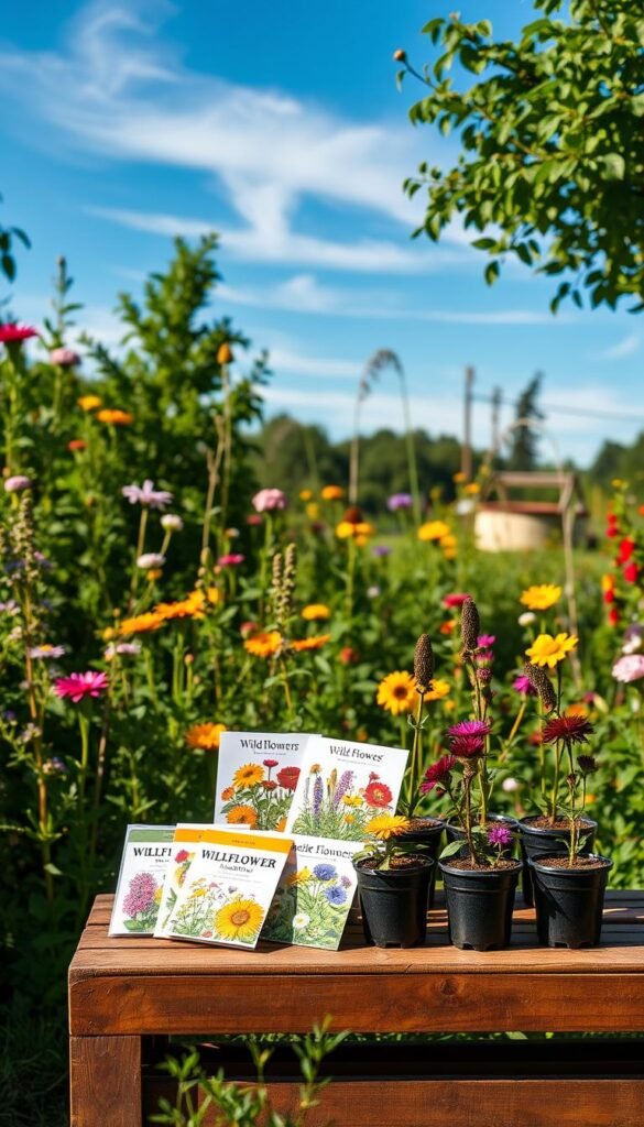 A serene garden scene with a wooden table or crate displaying a variety of wildflower seed packets and young potted plants. The table is set against a lush, sun-dappled background of colorful blooming wildflowers, verdant foliage, and a clear blue sky with wispy clouds. Soft, warm lighting gently illuminates the scene, casting natural shadows and highlights. The composition emphasizes the choice between sowing seeds or planting established flowers, inviting the viewer to imagine the joys of cultivating a pollinator-friendly wildflower garden.