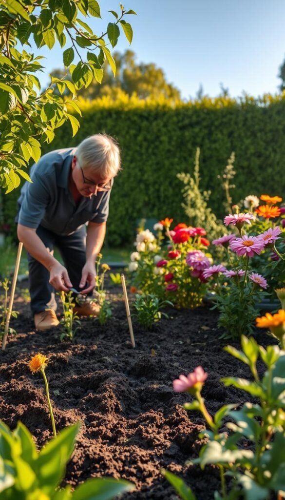 A serene garden with lush foliage and vibrant blooms, illuminated by warm afternoon sunlight. In the foreground, a gardener examines the soil, assessing its texture, moisture, and nutrient content. The middle ground features a variety of flowering plants, their petals softly swaying in a gentle breeze. In the background, a neatly trimmed hedge frames the scene, providing a natural boundary and adding depth to the composition. The overall atmosphere is one of tranquility and contemplation, inviting the viewer to immerse themselves in the process of understanding the environmental conditions that support a thriving garden.