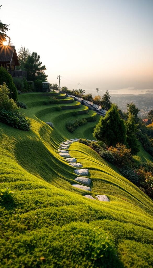 A serene hillside garden with a thoughtfully designed sloping terrain. In the foreground, a lush, rolling landscape dotted with verdant plants and carefully placed stepping stones, inviting exploration. The middle ground features a series of terraced beds, their gentle curves and level tiers showcasing the harmonious integration of form and function. Warm, directional lighting illuminates the scene, casting soft shadows that accentuate the contours of the slope. The background is a picturesque vista, perhaps a distant horizon or a tranquil water feature, complementing the overall scene. The atmosphere exudes a sense of balance, tranquility, and a keen eye for landscape design that seamlessly blends the natural topography with human ingenuity.