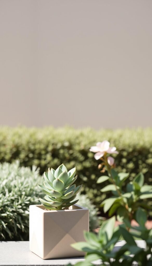 A serene, minimalist garden scene showcasing the beauty of a few carefully curated plants. In the foreground, a single, sculptural succulent plant stands in a simple, geometric planter, its leaves casting gentle shadows. The middle ground features a small cluster of delicate, pastel-hued blooms, their petals softly illuminated by natural, diffused lighting. The background is a tranquil, muted landscape, perhaps a neatly trimmed hedge or a plain, textured wall, allowing the plants to be the true focus. The overall composition radiates a sense of balance, simplicity, and the calming power of less-is-more design.
